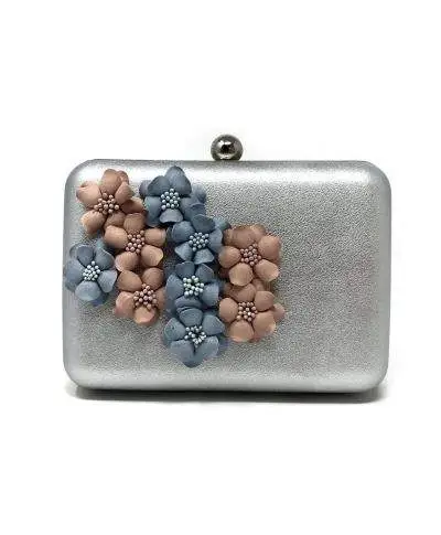 Borsa argento - Pochette da cerimonia - Con fiorellini rosa e celeste