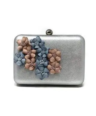 Borsa argento - Pochette da cerimonia - Con fiorellini rosa e celeste