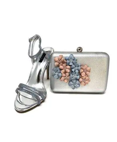 Borsa argento - Pochette da cerimonia - Con fiorellini rosa e celeste