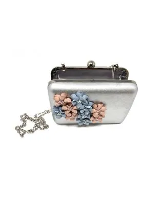 Borsa argento - Pochette da cerimonia - Con fiorellini rosa e celeste
