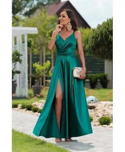 Vestito elegante lungo con lo spacco - Verde - Marina - Vestiti da damigella - Gogolfun.it