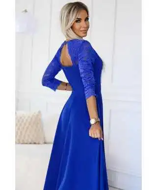  309-12 AMBER elegancka długa koronkowa suknia z dekoltem - kolor CHABROWY 