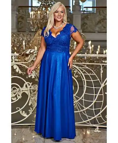 Abito da Cerimonia Blu Royal con Pizzo e Spacco - Carmen - Abiti da cerimonia donna - Taglie curvy - Gogolfun.it