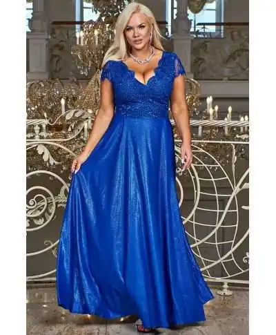 Abito da Cerimonia Blu Royal con Pizzo e Spacco - Carmen - Abiti da cerimonia donna - Taglie curvy - Gogolfun.it