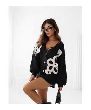 Cardigan nero oversize con dettagli floreali - Blar - Maglioni donna online - Gogolfun.it