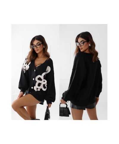 Cardigan nero oversize con dettagli floreali - Blar - Maglioni donna online - Gogolfun.it