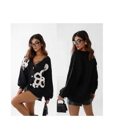 Cardigan nero oversize con dettagli floreali - Blar - Maglioni donna online - Gogolfun.it