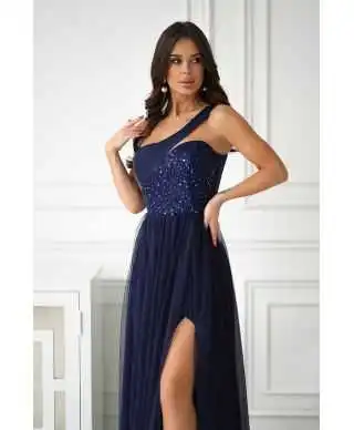 Vestito da cerimonia donna blu monospalla - Nia - Vestiti lunghi eleganti online - Gogolfun.it