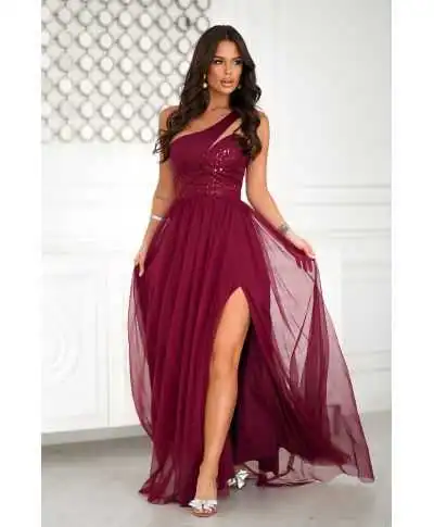 Vestito lungo elegante bordeaux - Corpetto decorato - Elen - Vestiti da cerimonia donna - Gogolfun.it