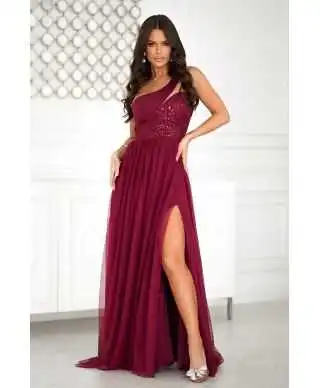 Vestito lungo elegante bordeaux - Corpetto decorato - Elen - Vestiti da cerimonia donna - Gogolfun.it