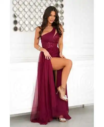 Vestito lungo elegante bordeaux - Corpetto decorato - Elen - Vestiti da cerimonia donna - Gogolfun.it