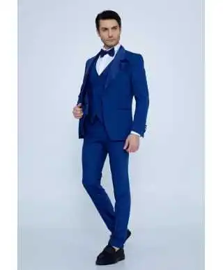 Smoking uomo blu elettrico con gilet particolare, Modello Regnante