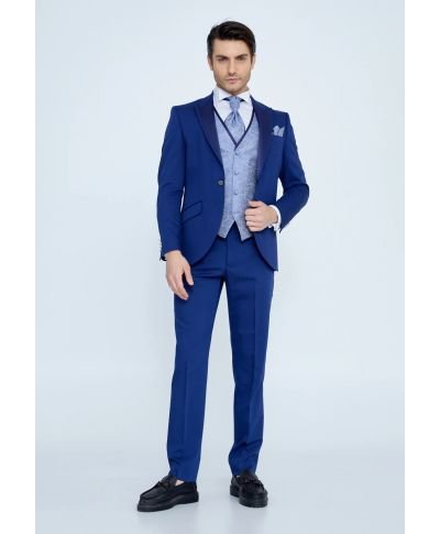 Smoking sposo blu elettrico, gilet damascato - Cerimonia uomo