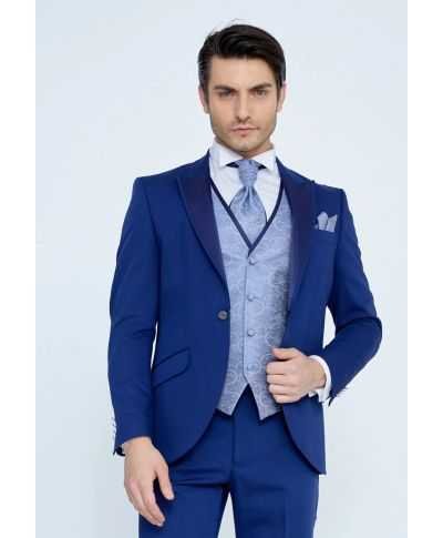 Smoking sposo blu elettrico, gilet damascato - Cerimonia uomo - Modello Promessi Sposi