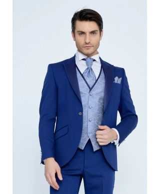 Smoking sposo blu elettrico, gilet damascato - Cerimonia uomo - Modello Promessi Sposi