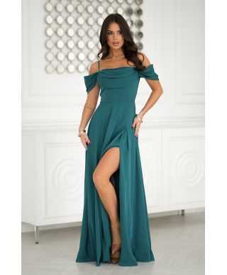 Abito elegante, lungo - Spacco sulla gamba - Spalline cadenti - Verde bottiglia