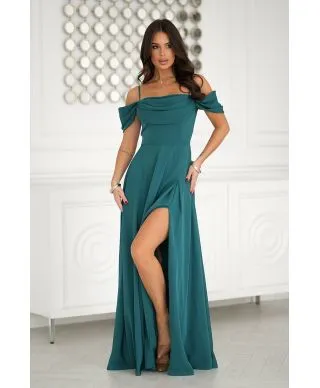 Abito elegante, lungo - Spacco sulla gamba - Spalline cadenti - Verde bottiglia