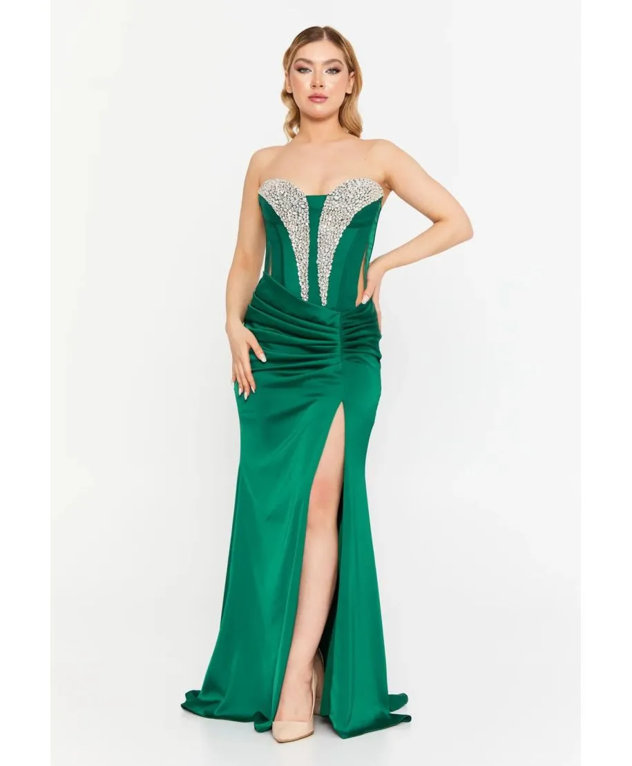 Abito da cerimonia a sirena verde smeraldo con corpetto decorato - Vestiti da cerimonia online - Gogolfun.it