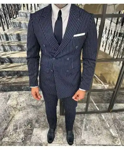 Abito doppiopetto blu slim fit - Riga bianca a sei bottoni modello Bond
