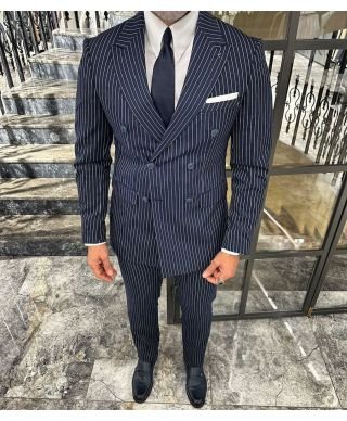 Abito doppiopetto blu slim fit - Riga bianca a sei bottoni modello Bond