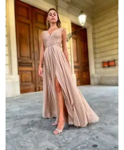 Abito da cerimonia oro con spacco - Sunrise - Cerimonia donna online - Gogolfun.it
