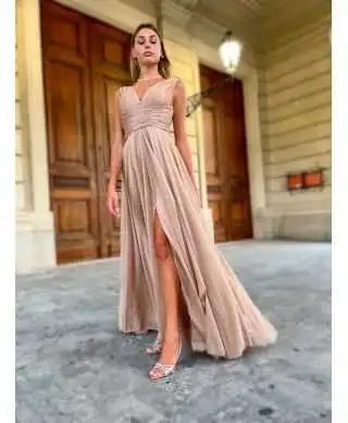 Abito da cerimonia oro con spacco - Sunrise - Cerimonia donna online - Gogolfun.it