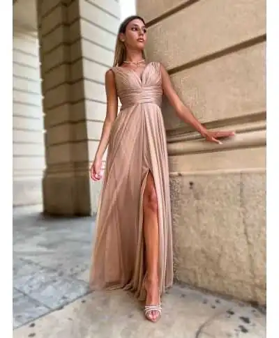 Abito da cerimonia oro con spacco - Sunrise - Cerimonia donna online - Gogolfun.it