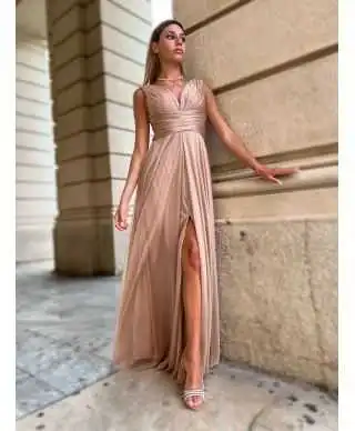 Abito da cerimonia oro con spacco - Sunrise - Cerimonia donna online - Gogolfun.it