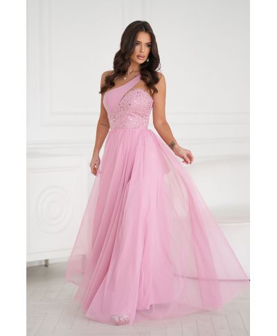 Abito lungo elegante monospalla, rosa - Nia - Cerimonia donna online - Gogolfun.it