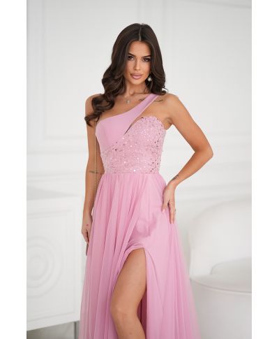 Abito lungo elegante monospalla, rosa - Nia - Cerimonia donna online - Gogolfun.it