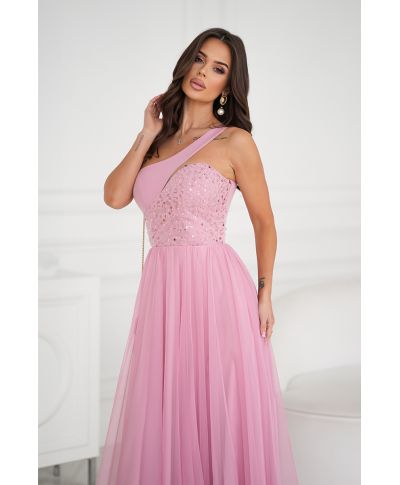 Abito lungo elegante monospalla, rosa - Nia - Cerimonia donna online - Gogolfun.it