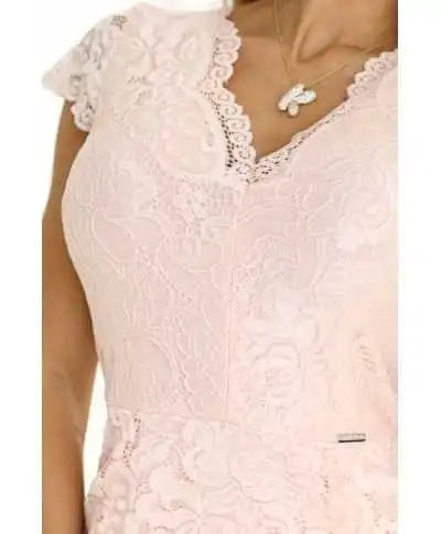 Tubino corto in pizzo con mezza manichetta, rosa chiaro - Pesca - Tubini corti per battesimi, comunioni, matrimoni - Gogolfun.it
