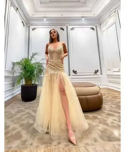 Abito oro a sirena con spacco - Athena - Vestiti da cerimonia e diciottesimo compleanno - Gogolfun.it
