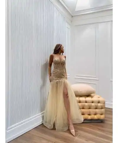Abito oro a sirena con spacco - Athena - Vestiti da cerimonia e diciottesimo compleanno - Gogolfun.it