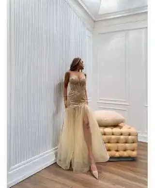 Abito oro a sirena con spacco - Athena - Vestiti da cerimonia e diciottesimo compleanno - Gogolfun.it