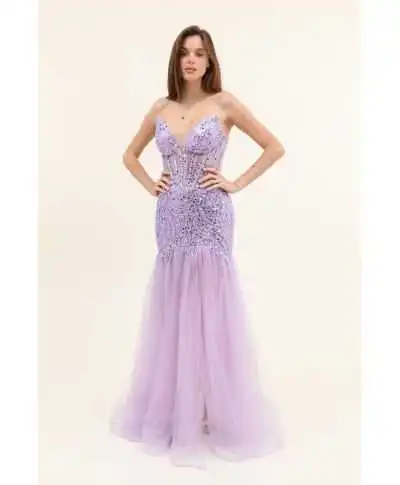 Abito a sirena con spacco glicine - Athena - Vestiti da cerimonia e diciottesimo compleanno - Gogolfun.it