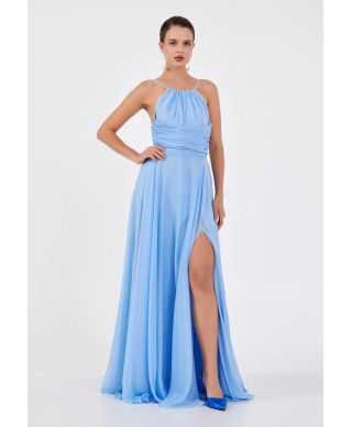 Abito da Cerimonia Azzurro con Spacco e Spalline Gioiello - Saturno - Abiti da cerimonia donna online - Gogolfun.it