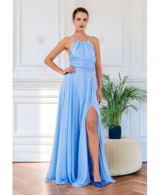 Abito da Cerimonia Azzurro con Spacco e Spalline Gioiello - Saturno - Abiti da cerimonia donna online - Gogolfun.it