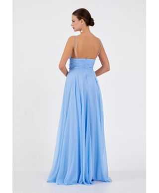 Abito da Cerimonia Azzurro con Spacco e Spalline Gioiello - Saturno - Abiti da cerimonia donna online - Gogolfun.it