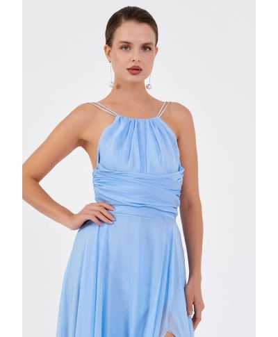 Abito da Cerimonia Azzurro con Spacco e Spalline Gioiello - Saturno - Abiti da cerimonia donna online - Gogolfun.it