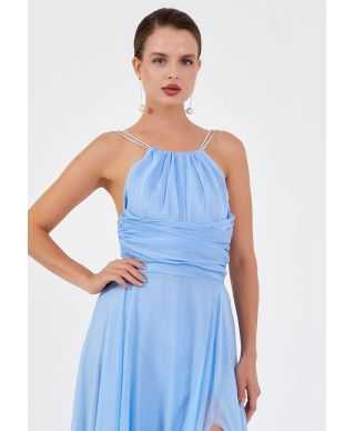 Abito da Cerimonia Azzurro con Spacco e Spalline Gioiello - Saturno - Abiti da cerimonia donna online - Gogolfun.it