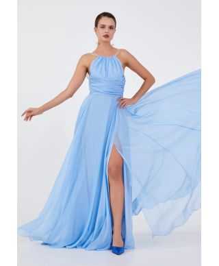 Abito da Cerimonia Azzurro con Spacco e Spalline Gioiello - Saturno - Abiti da cerimonia donna online - Gogolfun.it