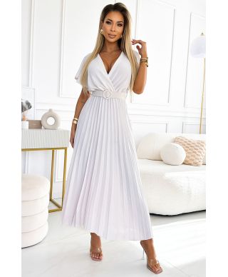  585-1 Plisowana letnia sukienka midi z dekoltem i szerokim paskiem - ECRU 