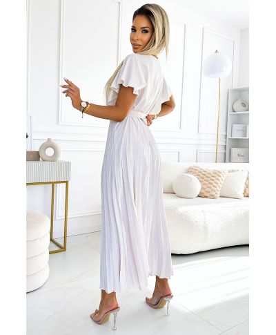  585-1 Plisowana letnia sukienka midi z dekoltem i szerokim paskiem - ECRU 