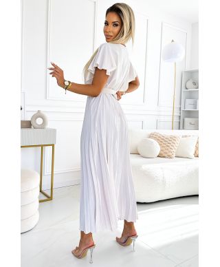  585-1 Plisowana letnia sukienka midi z dekoltem i szerokim paskiem - ECRU 