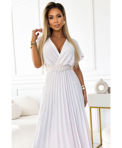  585-1 Plisowana letnia sukienka midi z dekoltem i szerokim paskiem - ECRU 