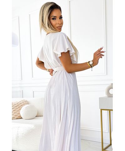  585-1 Plisowana letnia sukienka midi z dekoltem i szerokim paskiem - ECRU 