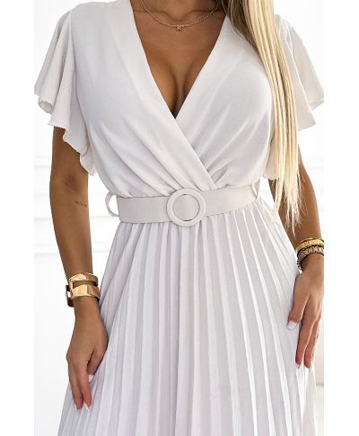  585-1 Plisowana letnia sukienka midi z dekoltem i szerokim paskiem - ECRU 