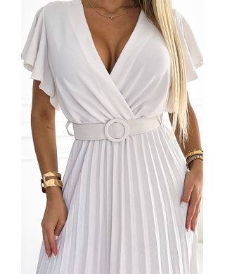  585-1 Plisowana letnia sukienka midi z dekoltem i szerokim paskiem - ECRU 