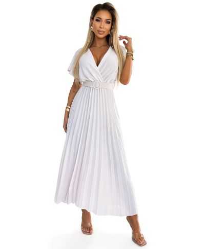 585-1 Plisowana letnia sukienka midi z dekoltem i szerokim paskiem - ECRU 